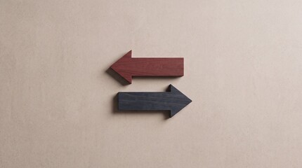 Fototapeta premium Top down view of two wooden arrows pointing in opposite directions on a neutral background, representing choice, decision making, contrast, and alternative paths in business and life.