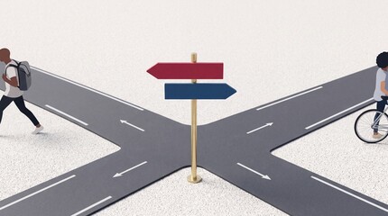 Fototapeta premium Top down overhead view of people choosing different directions at a crossroad intersection with a signpost, concept of decision making, life choices, and picking a career path in 3D illustration