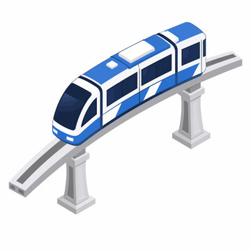 Isometric blue monorail train on elevated track