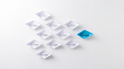 Fototapeta premium Top down view of a single blue paper boat leading a fleet of white origami boats on a white background, symbolizing leadership, business vision, being different, and successful direction.