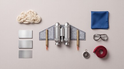Fototapeta premium Overhead Flat Lay of a Creative Adventure Kit Featuring a Handmade Toy Jetpack, Aviator Goggles, Compass, and Metallic Cards on a Neutral Background, Symbolizing Imagination and Career Growth