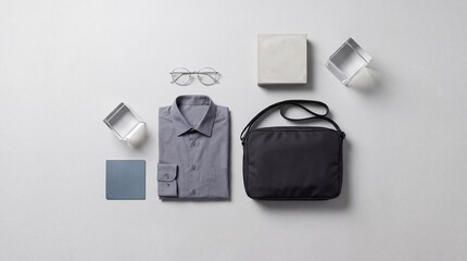 Fototapeta premium Minimalist top down flat lay of professional business attire featuring a neatly folded gray long-sleeved shirt, black crossbody messenger bag, eyewear, and geometric props on a light gray background.