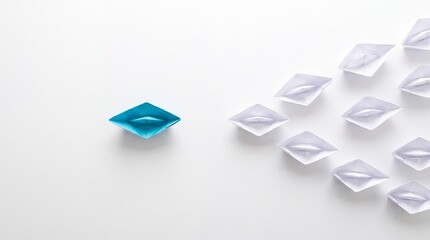 Fototapeta premium A conceptual overhead shot of a single blue origami paper boat leading a group of white paper boats in a structured formation on a plain white surface, symbolizing leadership and business vision.