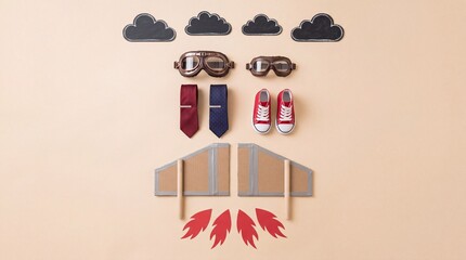 Fototapeta premium Creative flat lay conceptualized as a rocket flight using vintage aviator goggles, cardboard wings, neckties, and red sneakers on beige background representing career goals and father-son mentorship