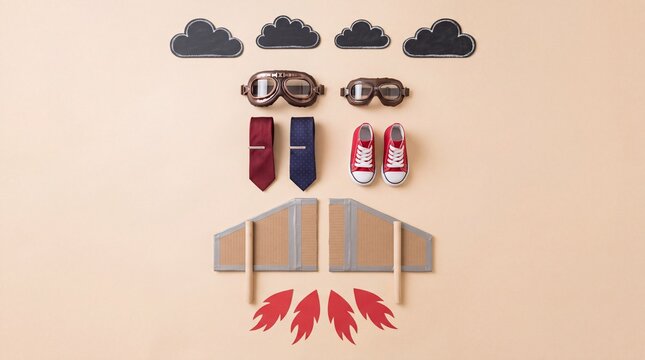 Creative flat lay conceptualized as a rocket flight using vintage aviator goggles, cardboard wings, neckties, and red sneakers on beige background representing career goals and father-son mentorship