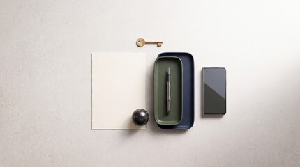 Fototapeta premium Minimalist overhead view of professional office essentials including a fountain pen on an organizer tray, blank deckle-edge paper, modern smartphone, and a brass key on a textured grey background.