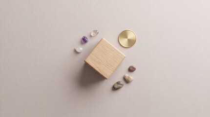 Fototapeta premium Top down overhead view of minimalist wooden cube podium surrounded by amethyst crystals, smooth pebbles and a golden circular plate on a clean beige background for zen and wellness concept