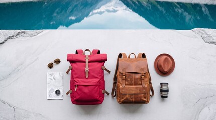 Fototapeta premium High-angle flat lay of travel essentials featuring a red canvas backpack, vintage leather rucksack, map, compass, camera lens, and hat on a stone ledge by a turquoise mountain lake background