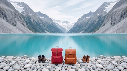 Fototapeta premium Two Backpacks and Hiking Boots Sitting on a Pebble Shore of a Stunning Turquoise Glacial Lake Surrounded by Majestic Snow-Capped Mountains, Concept of Outdoor Adventure, Hiking, and Travel