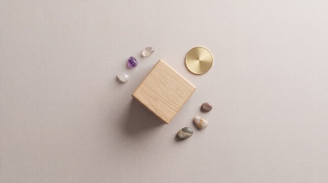 Top down overhead view of minimalist wooden cube podium surrounded by amethyst crystals, smooth pebbles and a golden circular plate on a clean beige background for zen and wellness concept