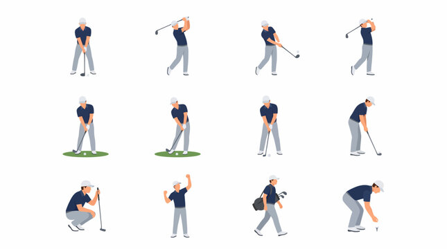 A collection of flat illustrations showing a male golfer performing different actions and poses related to playing golf, including various swing stages and putting.