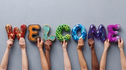 Fototapeta premium Top view of diverse multi-ethnic hands holding creative colorful 3D letters spelling the word Welcome on gray background, concept of hospitality, inclusion, teamwork, and global greeting.