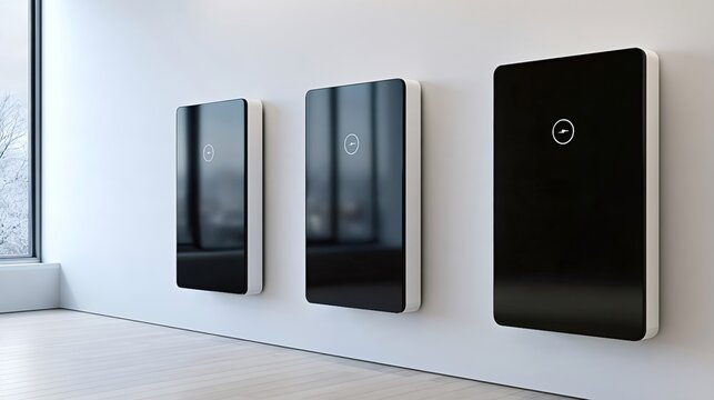 Modern smart home energy storage batteries displaying a charging icon, integrating renewable energy solutions for efficient household power management and sustainable living