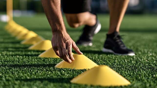 Athlete's hand positioning a yellow cone on artificial green turf, preparing for an agility and speed training exercise to improve performance in sports like football or soccer