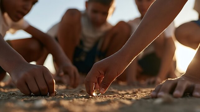 Childrens hands gather marbles on dusty ground at golden hour, boys playing a vintage street game together, focused and smiling in warm summer light