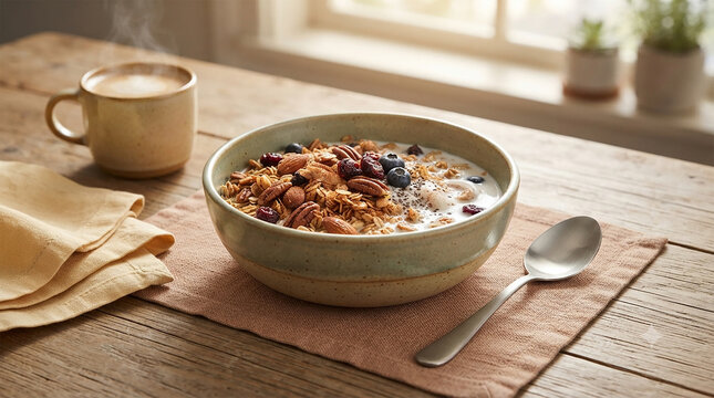 Healthy Granola Oatmeal Bowl With Fresh Blueberries Nuts And Hot Coffee On Wooden Table