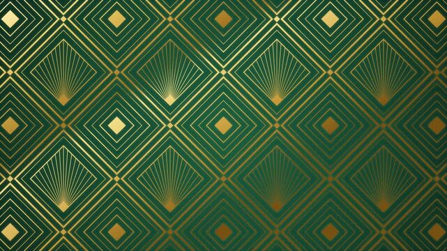 Art deco gold diamond pattern drifting diagonally on emerald green, seamless loop