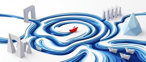 Fototapeta premium Minimalist paper cut art illustration of a small red paper boat navigating through a swirling blue ocean whirlpool surrounded by abstract white paper structures and icebergs on white background.