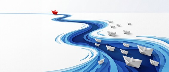 Fototapeta premium Leadership concept with a single red paper boat leading a group of white paper boats along a winding blue river path in a 3D paper cut style, symbolic of business strategy and individuality.