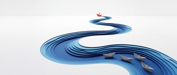 Fototapeta premium Conceptual 3D paper cut art of a winding blue river with one red paper boat leading several white boats, symbolizing leadership, business strategy, vision, and unique direction in a market.