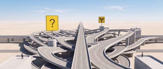 Fototapeta premium Wide Angle View of Complex Highway Junction in Desert with Question Mark Sign Representing Confusion Decision Making and Choosing the Right Path for Business Strategy and Future Planning