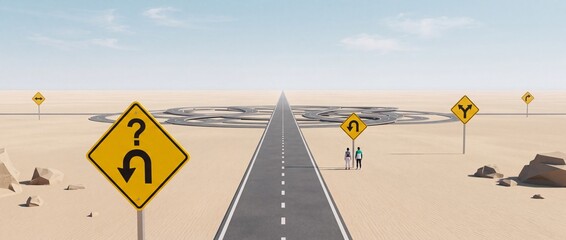 Fototapeta premium Wide conceptual illustration of a straight asphalt road in a desert leading to a complex circular highway maze with yellow traffic signs symbolizing confusion, life choices, and decision making.