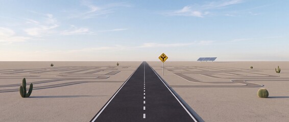 Fototapeta premium Conceptual Straight Asphalt Road Stretching Through a Desert Maze Landscape with a Yellow Warning Sign Featuring a Question Mark and Diverging Arrows Representing Business Decisions and Strategy