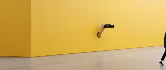 Fototapeta premium Surreal Conceptual Image of a Hand Emerging from a Hole in a Bright Yellow Minimalist Wall Holding Binoculars to Observe or Spy on a Passing Person in a Modern Minimalist Interior Space