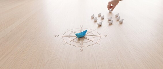 Fototapeta premium Blue Paper Boat in the Center of an Engraved Compass Rose on Wood Surface Symbolizing Leadership, Strategic Direction, and Visionary Business Management with a Team of White Boats