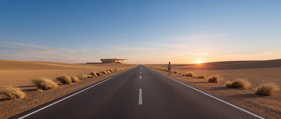 Fototapeta premium Man standing on a long asphalt road in a vast desert landscape at sunset with a futuristic minimalist building on the horizon, symbolizing a long journey, career goals, and future vision.