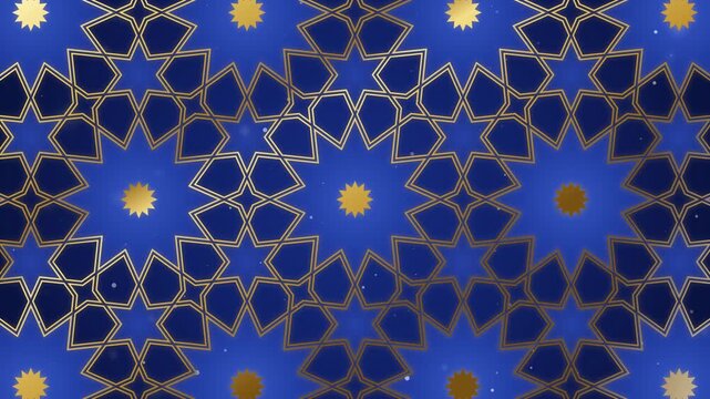 Islamic geometric pattern of twelve-point gold rosettes on deep blue, slowly morphing, seamless loop