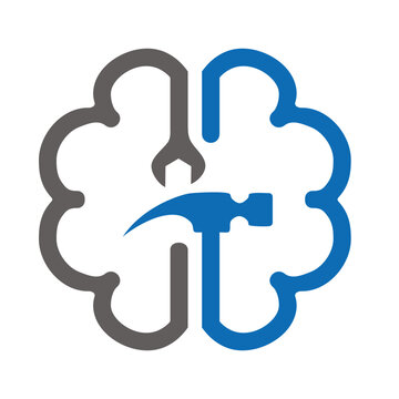 Human brain with hammer wrench, design abstract for psychology concept, work psychologist, psychotherapist. Logo design vector.