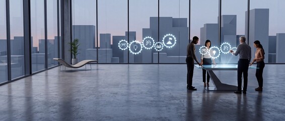 Fototapeta premium Diverse Professional Team Collaborating Around a Futuristic Interactive Touchscreen Table with Holographic Gear Icons in a Minimalist High-Rise Office Overlooking a Cityscape at Dusk