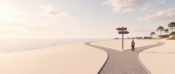 Fototapeta premium A man stands at a crossroads on a path along a sunny beach with a directional signpost, symbolizing life choices, career decisions, future opportunities, and finding the right way forward.