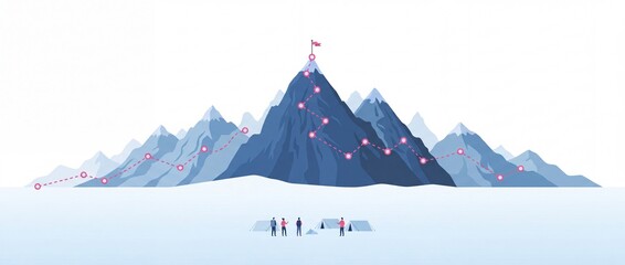 Fototapeta premium Conceptual Vector Illustration of a Team at Base Camp Planning a Route to the Mountain Summit with a Flag, Representing Business Achievement, Success Roadmap, and Strategic Goals