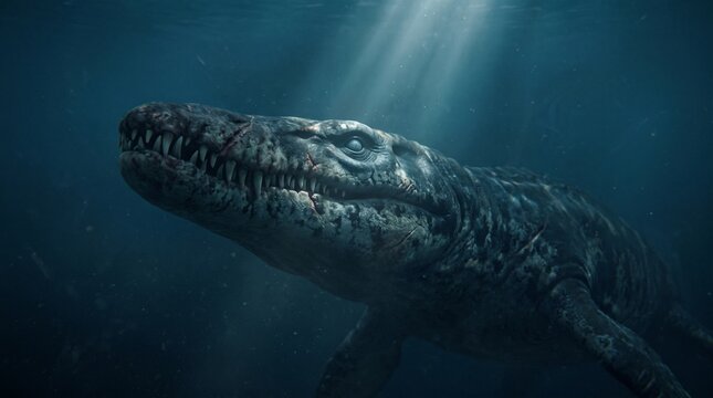 Terrifying scarred prehistoric marine reptile Pliosaur swimming in the dark deep ocean abyss, cinematic 3D paleoart.