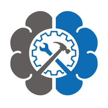 Human brain with hammer wrench, design abstract for psychology concept, work psychologist, psychotherapist. Logo design vector.