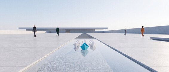 Fototapeta premium Leadership Concept with Blue Paper Boat Leading a Group of White Boats in a Minimalist Modern Plaza with Business People Walking, Symbolizing Innovation and Direction in Corporate Strategy