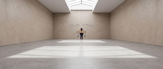 Fototapeta premium Young Boy Wearing Cardboard Wings Standing in Large Minimalist Concrete Room Facing Drawn Clouds Under Skylight, Concept for Imagination, Future Ambition, and Business Startup Potential