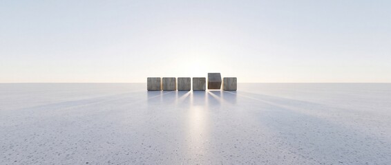 Fototapeta premium Minimalist Wide Landscape Featuring Wooden Cubes Arranged in a Row on a Textured Ground Under a Bright Hazy Sky with One Block Out of Alignment for Business Progress Concept