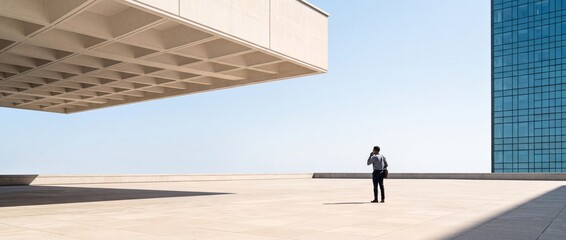 Fototapeta premium Professional businessman standing on a spacious outdoor terrace featuring minimalist brutalist architecture and a glass office building against a clear blue sky, symbolizing corporate vision.