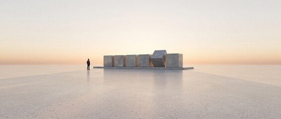 Fototapeta premium Minimalist concept of a businessman standing before large stone blocks on a vast horizon at sunset, representing business strategy, leadership, individuality, and overcoming corporate challenges.