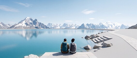 Fototapeta premium Rear view of a young couple with backpacks sitting on a modern stone platform by a calm turquoise mountain lake, admiring the breathtaking snow-capped alpine peaks under a clear blue sky.