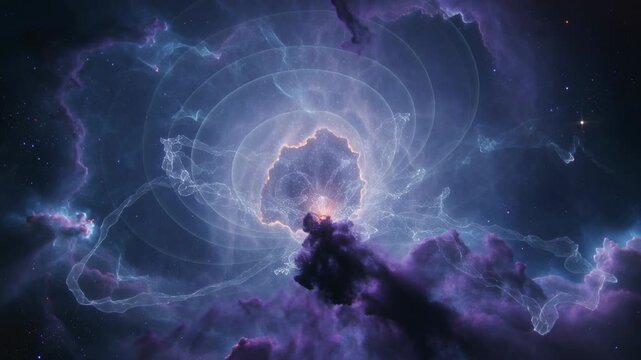 Pulsing nebula sending coiling blue filaments in space, outlining rings above purple pillar