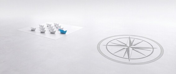 Fototapeta premium Blue paper boat leading a group of white origami boats towards a compass rose symbol on a clean white background, symbolizing leadership, business strategy, direction, and corporate vision.