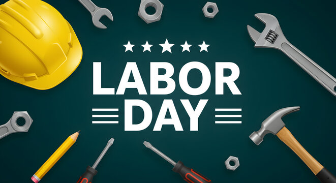 Labor Day celebration background with professional construction tools and safety hard hat on dark green surface