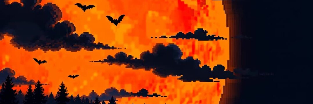 Pixel art orange full moon with flying bats over dark forest, Halloween website banner with copy space