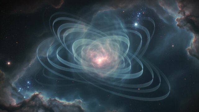 Reacting to core pulsing, teal ribbons emerging and layering around pale-pink core in nebula