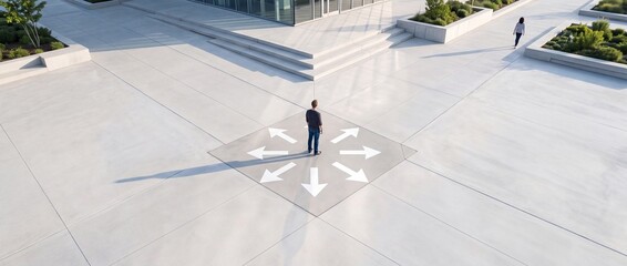 Fototapeta premium Businessman Standing in the Center of Multiple Arrows Pointing in Different Directions in a Modern Outdoor Plaza, Representing Life Choices, Career Decisions, Strategy, and Opportunity