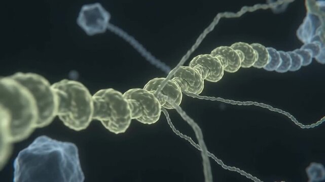 Receiving large capsid undergoing helical chain docking in bluish field, forming ring and filaments